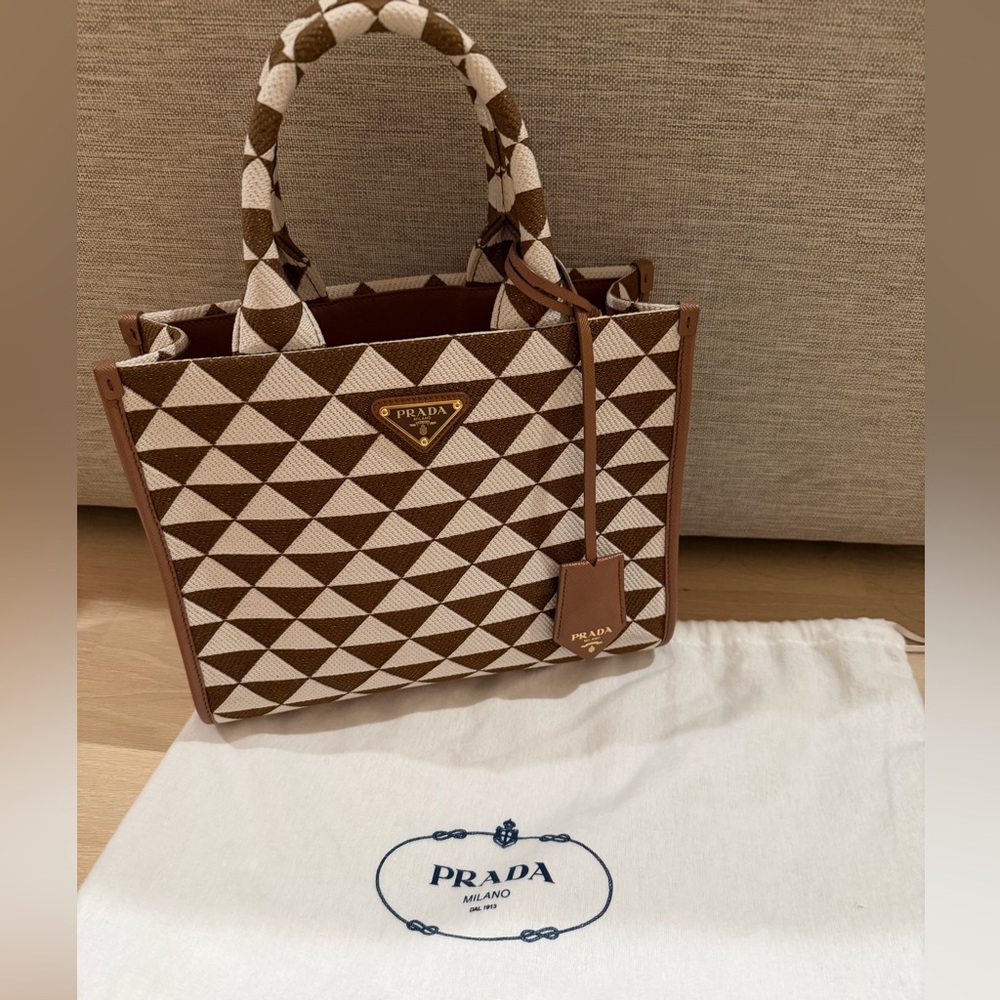 Authentic Prada Tobacco Jacquard Saffiano Triangolo Symbole Small Tote